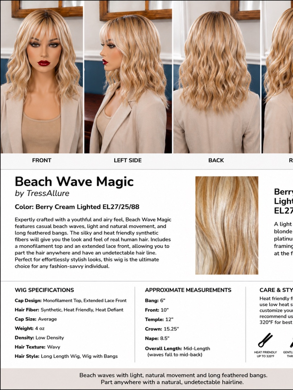 TressAllure Beach Wave Wig in Berry Cream Lighted Blonde. EL 27/25/88